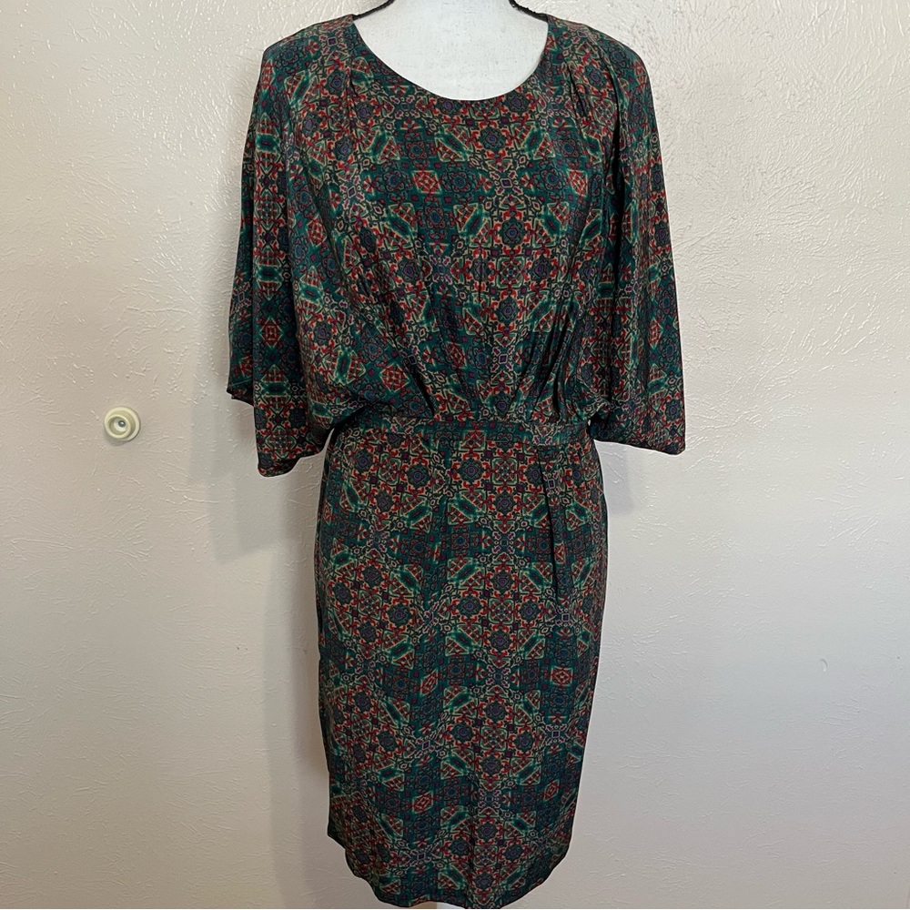 Nieves Lavi Anthropologie 100% Silk Green Midi Dress Womens 8